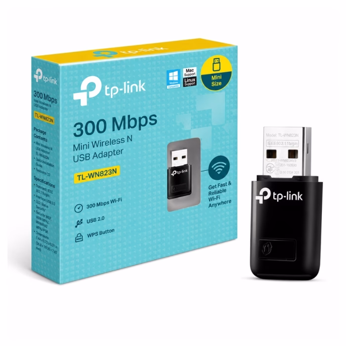 tp-link-tl-wn823n-wireless-usb-adapter-1 ตัวรับสัญญาณไวไฟ TP-Link TL-WN823N Wireless USB Adapter N300 วางคู่กับกล่องบรรจุภัณฑ์สีฟ้าเหลือง