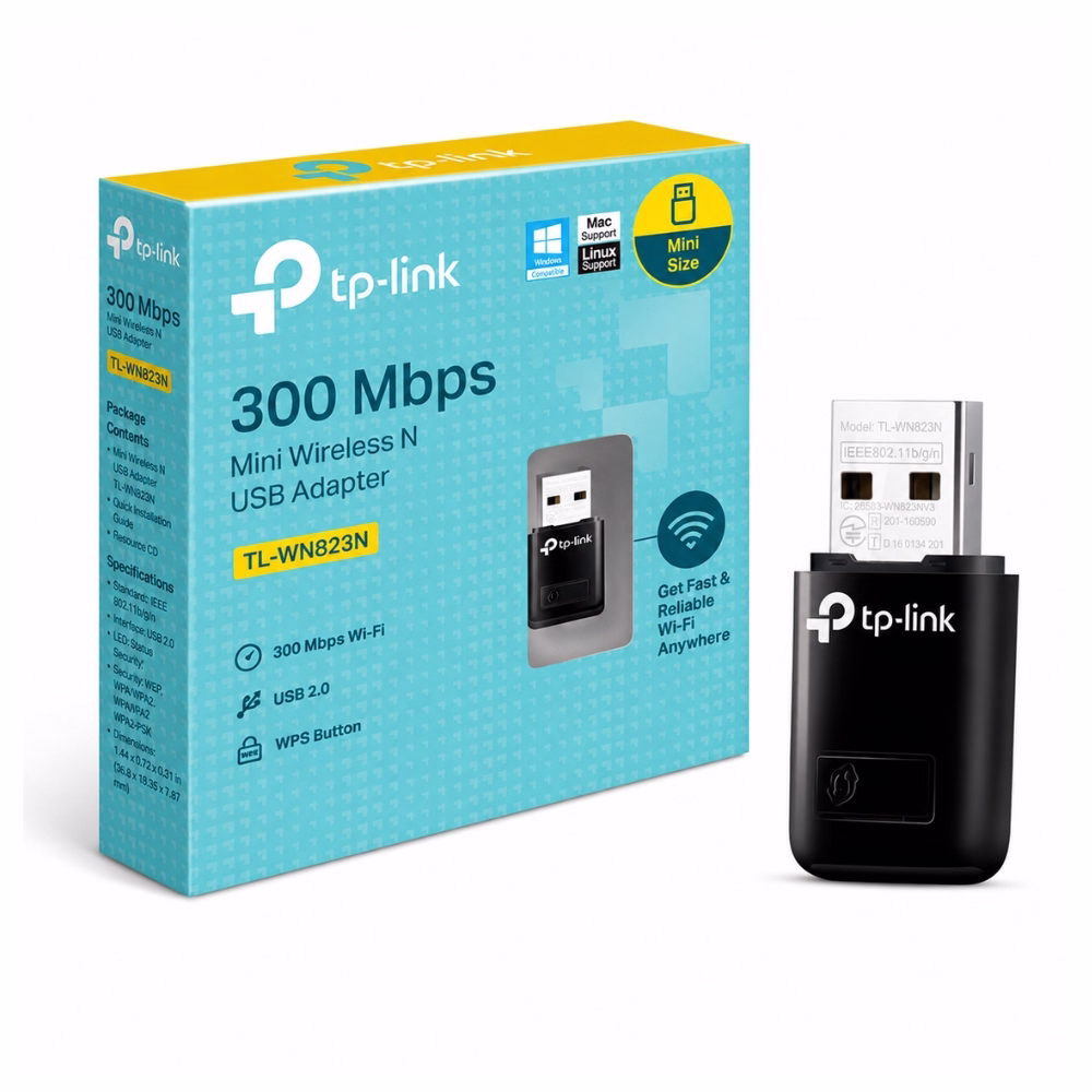 tp-link-tl-wn823n-wireless-usb-adapter-1 ตัวรับสัญญาณไวไฟ TP-Link TL-WN823N Wireless USB Adapter N300 วางคู่กับกล่องบรรจุภัณฑ์สีฟ้าเหลือง