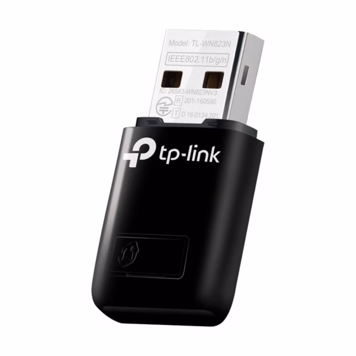 tp-link-tl-wn823n-wireless-usb-adapter-2 ตัวรับสัญญาณไวไฟ TP-Link TL-WN823N สีดำ แสดงโลโก้ TP-Link ขั้วต่อ USB และปุ่ม WPS ด้านหน้า