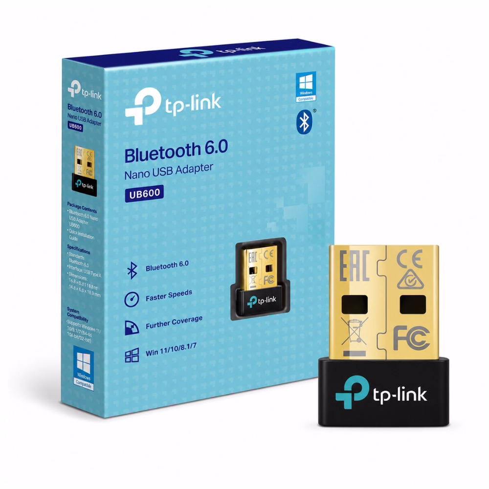 ตัวรับสัญญาณบลูทูธ TP-Link UB600 USB Bluetooth 6.0 Nano Adapter วางคู่กับกล่องผลิตภัณฑ์สีฟ้า