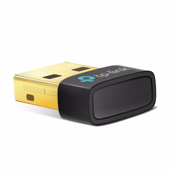 tp-link-ub600-usb-bluetooth-6-0-adapter-3 ตัวรับสัญญาณบลูทูธ TP-Link UB600 USB Bluetooth 6.0 มุมเฉียง แสดงหัวยูเอสบีสีทองและฝาครอบสีดำ