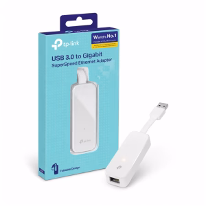 อุปกรณ์แปลงสัญญาณ USB 3.0 เป็น Gigabit LAN สีขาว แบรนด์ TP-Link รุ่น UE300 วางคู่กับกล่องบรรจุภัณฑ์