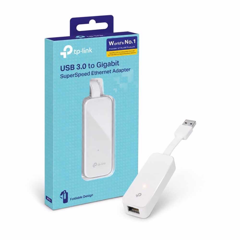 tp-link-ue300-usb-3-0-to-gigabit-lan-adapter-1 อุปกรณ์แปลงสัญญาณ USB 3.0 เป็น Gigabit LAN สีขาว แบรนด์ TP-Link รุ่น UE300 วางคู่กับกล่องบรรจุภัณฑ์