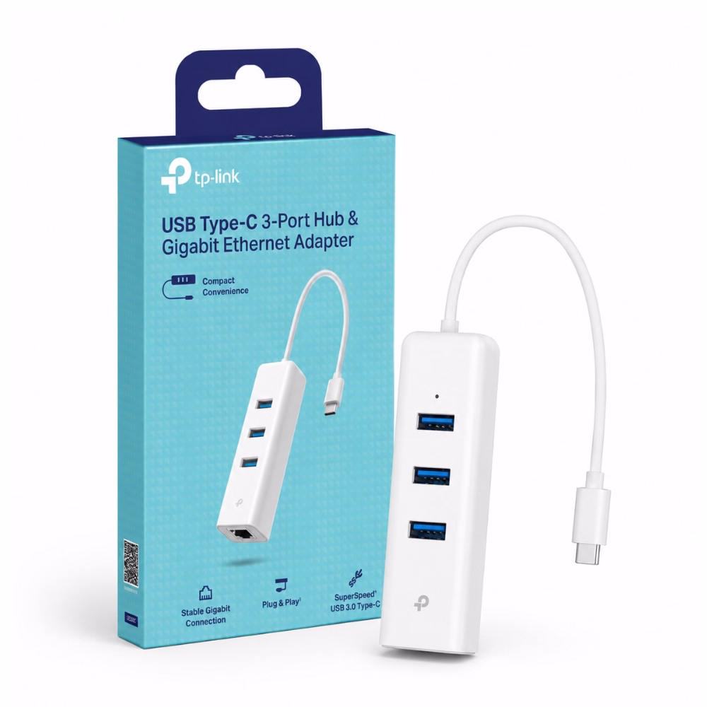 tp-link-ue330c-type-c-3-port-hub-1 อุปกรณ์แปลงสัญญาณ Type-C เป็น USB 3.0 3 พอร์ต และ LAN Gigabit TP-Link UE330C สีขาว วางคู่กับกล่องบรรจุภัณฑ์สีฟ้า