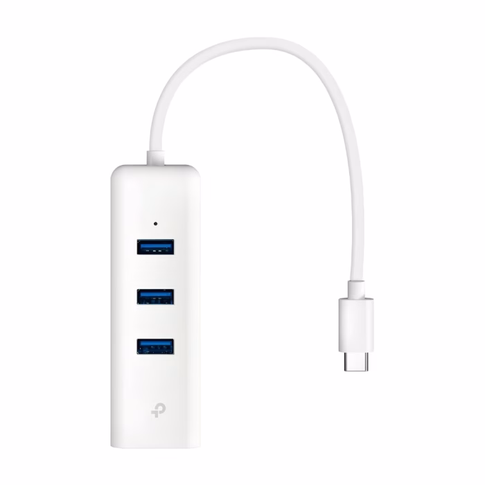 tp-link-ue330c-type-c-3-port-hub-2 อุปกรณ์แปลงสัญญาณ Type-C เป็น USB 3.0 สีขาว TP-Link UE330C ด้านหน้าตรง แสดง 3 พอร์ต USB และสายเชื่อมต่อ Type-C