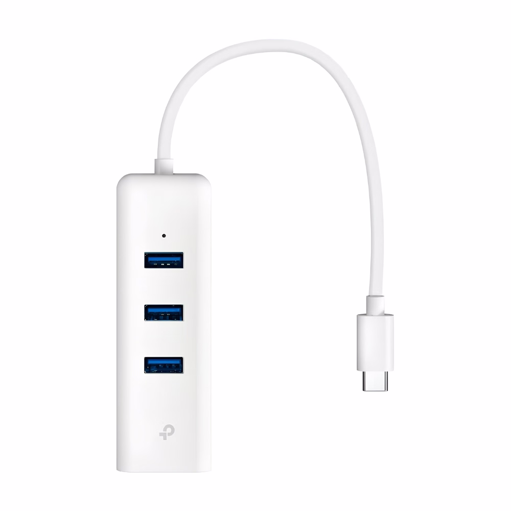 อุปกรณ์แปลงสัญญาณ Type-C เป็น USB 3.0 สีขาว TP-Link UE330C ด้านหน้าตรง แสดง 3 พอร์ต USB และสายเชื่อมต่อ Type-C