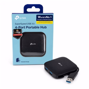 ฮับยูเอสบี 4 พอร์ต TP-Link UH400 USB 3.0 สีดำ พร้อมสายเคเบิลแบบพับเก็บได้ วางคู่กับกล่องบรรจุภัณฑ์