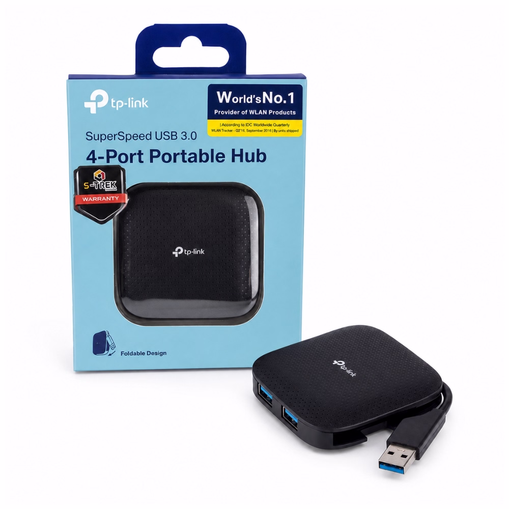 tp-link-uh400-4-port-usb-3-0-portable-hub-1 ฮับยูเอสบี 4 พอร์ต TP-Link UH400 USB 3.0 สีดำ พร้อมสายเคเบิลแบบพับเก็บได้ วางคู่กับกล่องบรรจุภัณฑ์