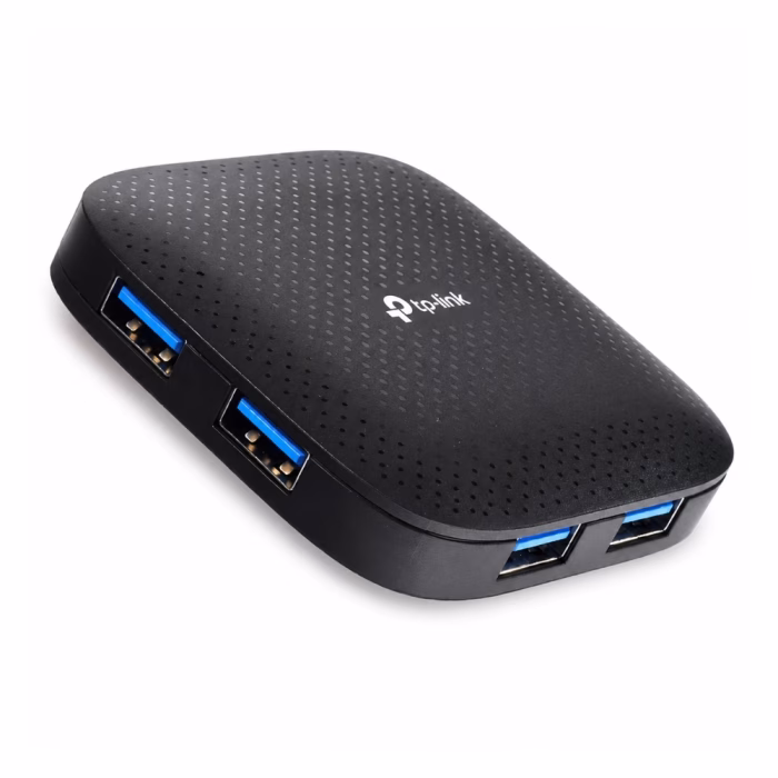 tp-link-uh400-4-port-usb-3-0-portable-hub-2 ฮับยูเอสบี 4 พอร์ต TP-Link UH400 USB 3.0 สีดำ มุมมองด้านข้างเฉียง แสดงพอร์ตเชื่อมต่อ USB 3.0
