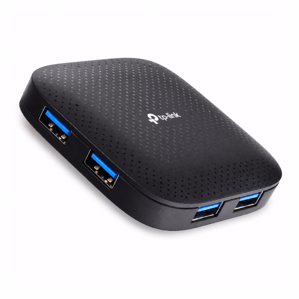 ฮับยูเอสบี 4 พอร์ต TP-Link UH400 USB 3.0 สีดำ มุมมองด้านข้างเฉียง แสดงพอร์ตเชื่อมต่อ USB 3.0