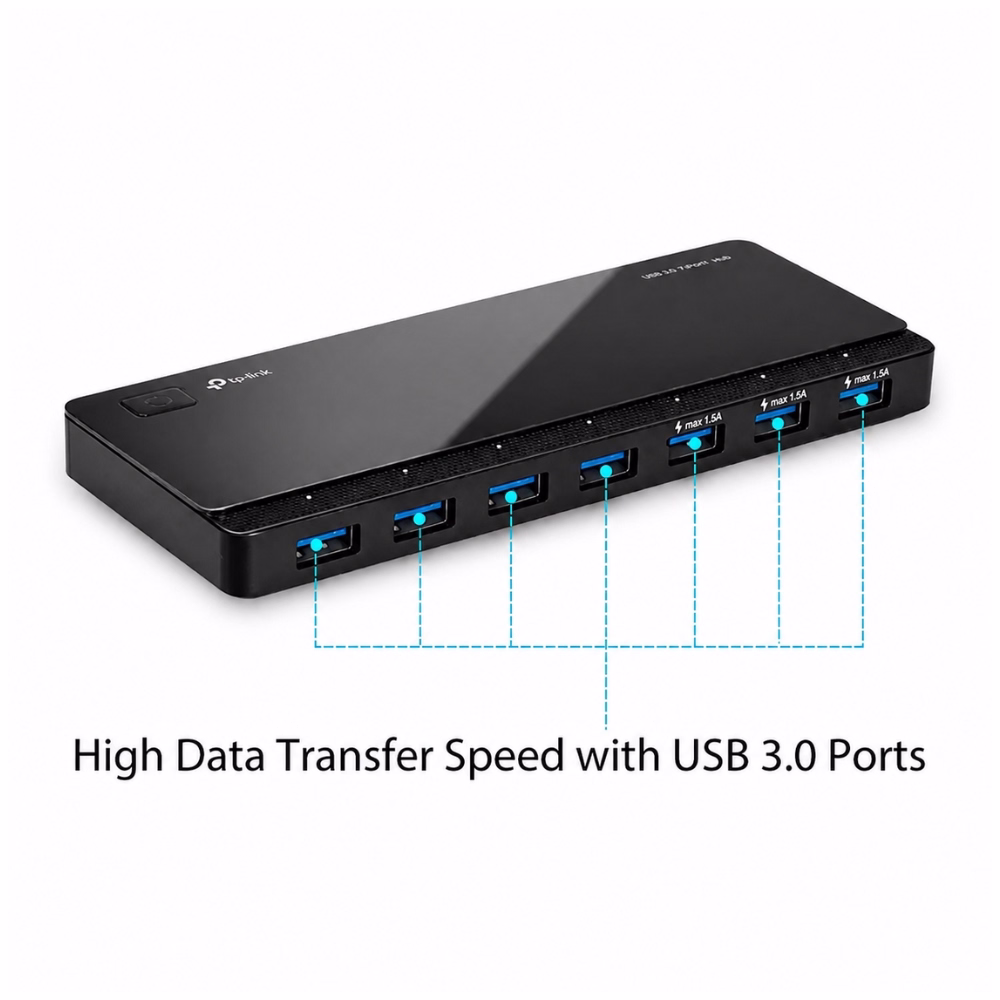 ยูเอสบีฮับ 7 พอร์ต TP-Link UH700 สีดำ แสดงพอร์ตเชื่อมต่อ USB 3.0 ความเร็วสูงและพอร์ตชาร์จด่วน