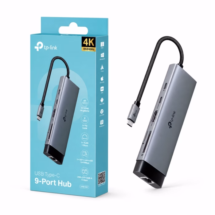 tp-link-uh9120c-type-c-9-in-1-hub-1 ฮับแปลงสัญญาณ Type-C 9 in 1 TP-LINK UH9120C สีเทาเข้ม วางคู่กับกล่องผลิตภัณฑ์สีฟ้าแสดงฟังก์ชันการใช้งาน
