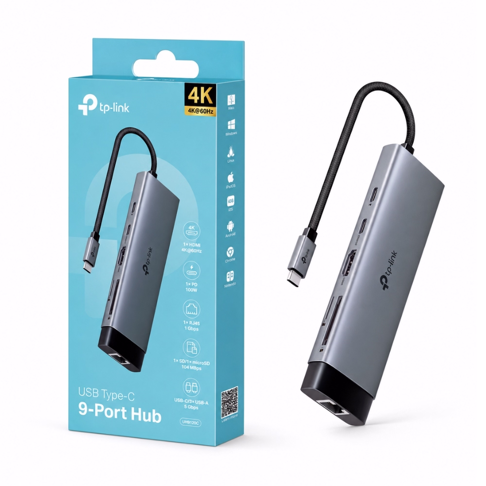 tp-link-uh9120c-type-c-9-in-1-hub-1 ฮับแปลงสัญญาณ Type-C 9 in 1 TP-LINK UH9120C สีเทาเข้ม วางคู่กับกล่องผลิตภัณฑ์สีฟ้าแสดงฟังก์ชันการใช้งาน