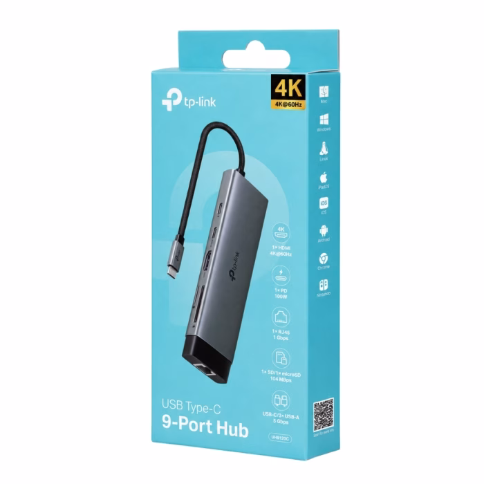 tp-link-uh9120c-type-c-9-in-1-hub-2 กล่องบรรจุภัณฑ์ฮับแปลงสัญญาณ TP-Link USB Type-C 9-Port Hub รุ่น UH9120C แสดงรายละเอียดฟังก์ชันและพอร์ตเชื่อมต่อ
