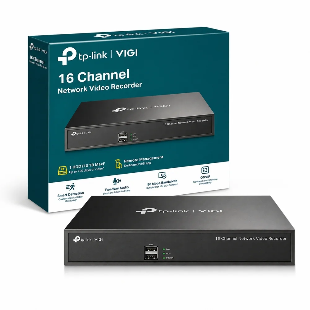 tp-link-vigi-16channel-nvr-1 เครื่องบันทึกภาพกล้องวงจรปิด TP-Link VIGI 16 Channel Network Video Recorder วางคู่กับกล่องบรรจุภัณฑ์สีฟ้าเข้ม