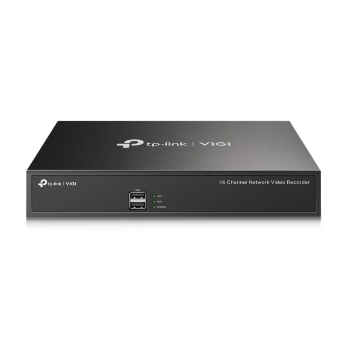 tp-link-vigi-16channel-nvr-2 ด้านหน้าเครื่องบันทึกภาพ TP-Link VIGI 16 Channel NVR สีดำ แสดงไฟสถานะ LED และพอร์ต USB คู่