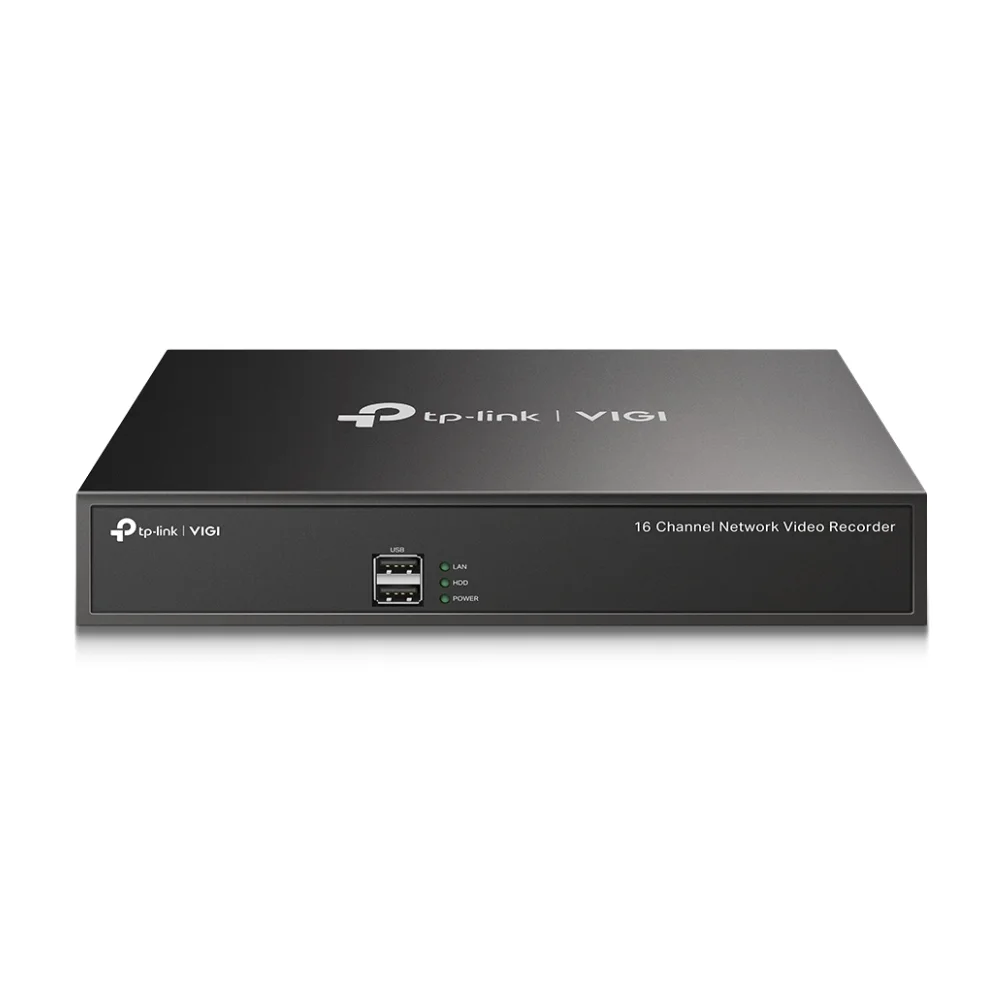 ด้านหน้าเครื่องบันทึกภาพ TP-Link VIGI 16 Channel NVR สีดำ แสดงไฟสถานะ LED และพอร์ต USB คู่