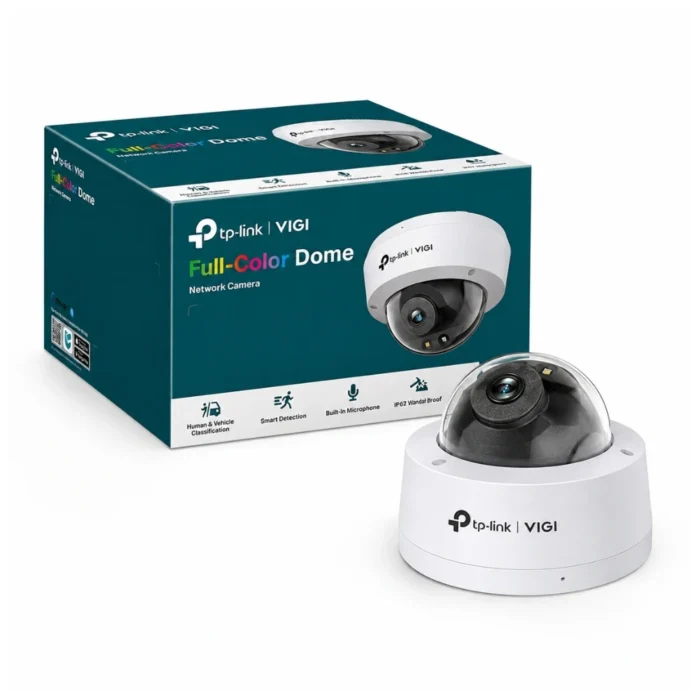 tp-link-vigi-c240-4mp-full-color-dome-camera-1 กล้องวงจรปิดโดมไอพี TP-Link VIGI C240 4MP Full-Color สีขาวทรงโดม วางคู่กับกล่องผลิตภัณฑ์สีเขียวเข้ม
