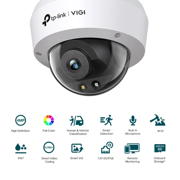 tp-link-vigi-c240-4mp-full-color-dome-camera-4 ภาพแสดงฟีเจอร์และคุณสมบัติเด่นของกล้องวงจรปิด TP-Link VIGI C240 พร้อมไอคอนฟังก์ชันการทำงาน