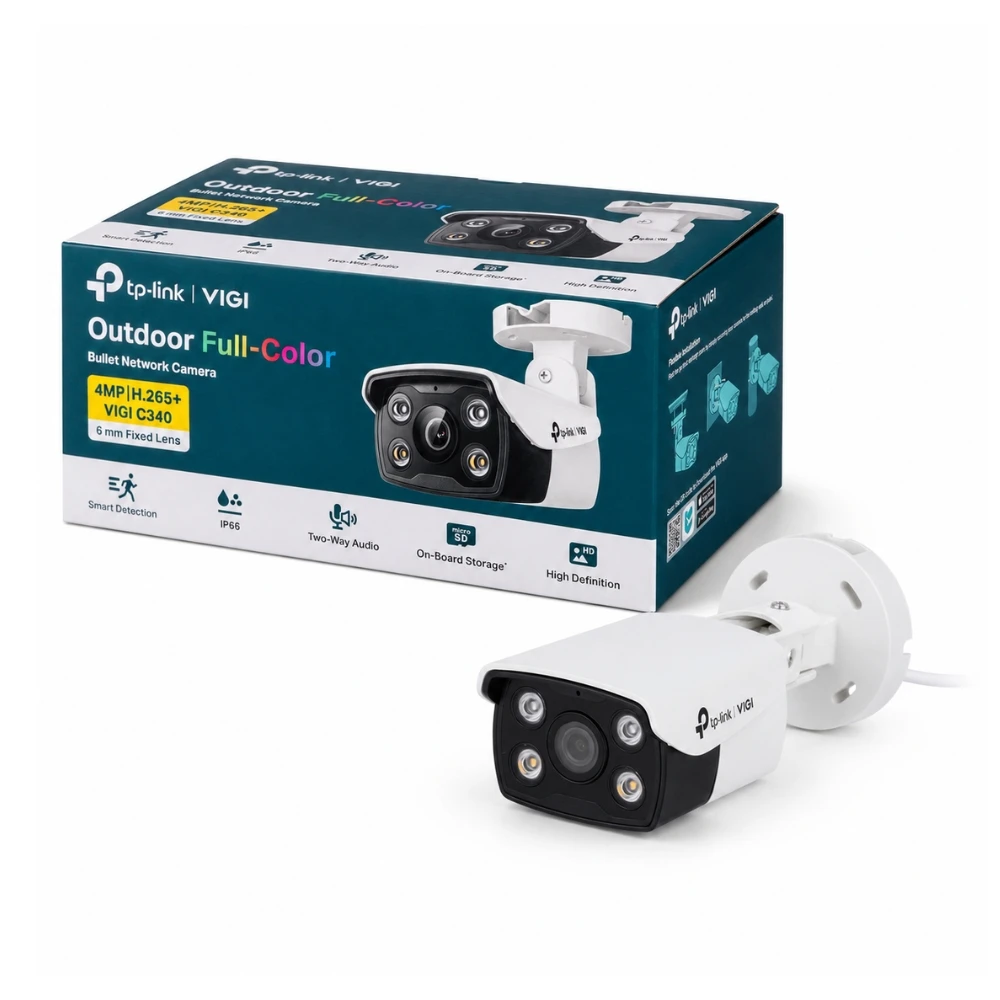 tp-link-vigi-c340-40mm-4mp-bullet-1 กล้องวงจรปิดบูลเล็ตไอพี TP-Link VIGI C340 4MP เลนส์ 4 มม. วางคู่กับกล่องบรรจุภัณฑ์สีเขียวเข้ม