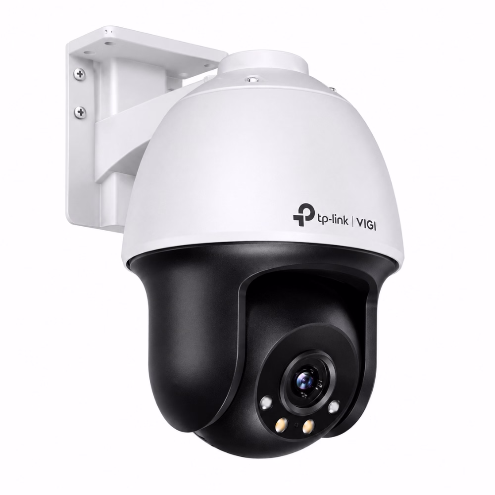 กล้องวงจรปิดภายนอกอาคาร TP-Link VIGI C540 สีขาวดำติดตั้งกับขายึดผนัง แสดงเลนส์ 4 มม. และไฟส่องสว่าง