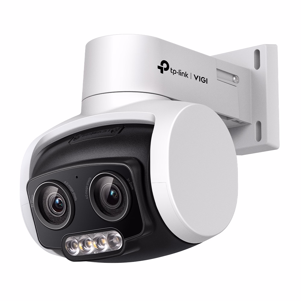 กล้องวงจรปิด TP-Link VIGI C540V 4MP Dual-Lens PT สีขาวดำ แสดงเลนส์คู่และไฟส่องสว่าง LED