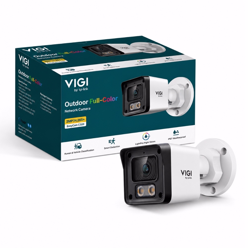 กล้องวงจรปิดกันน้ำภายนอก TP-Link VIGI EasyCam C320 วางคู่กับกล่องผลิตภัณฑ์โทนสีเขียวเข้ม