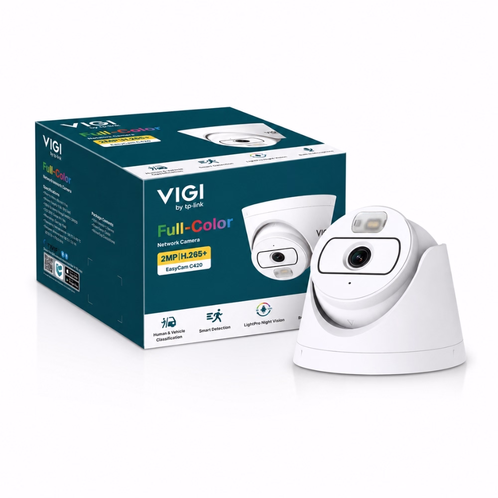 tp-link-vigi-easycam-c420-ip-camera-1 กล้องวงจรปิด TP-Link VIGI EasyCam C420 ทรงโดมสีขาว วางคู่กับกล่องบรรจุภัณฑ์สีเขียวเข้ม