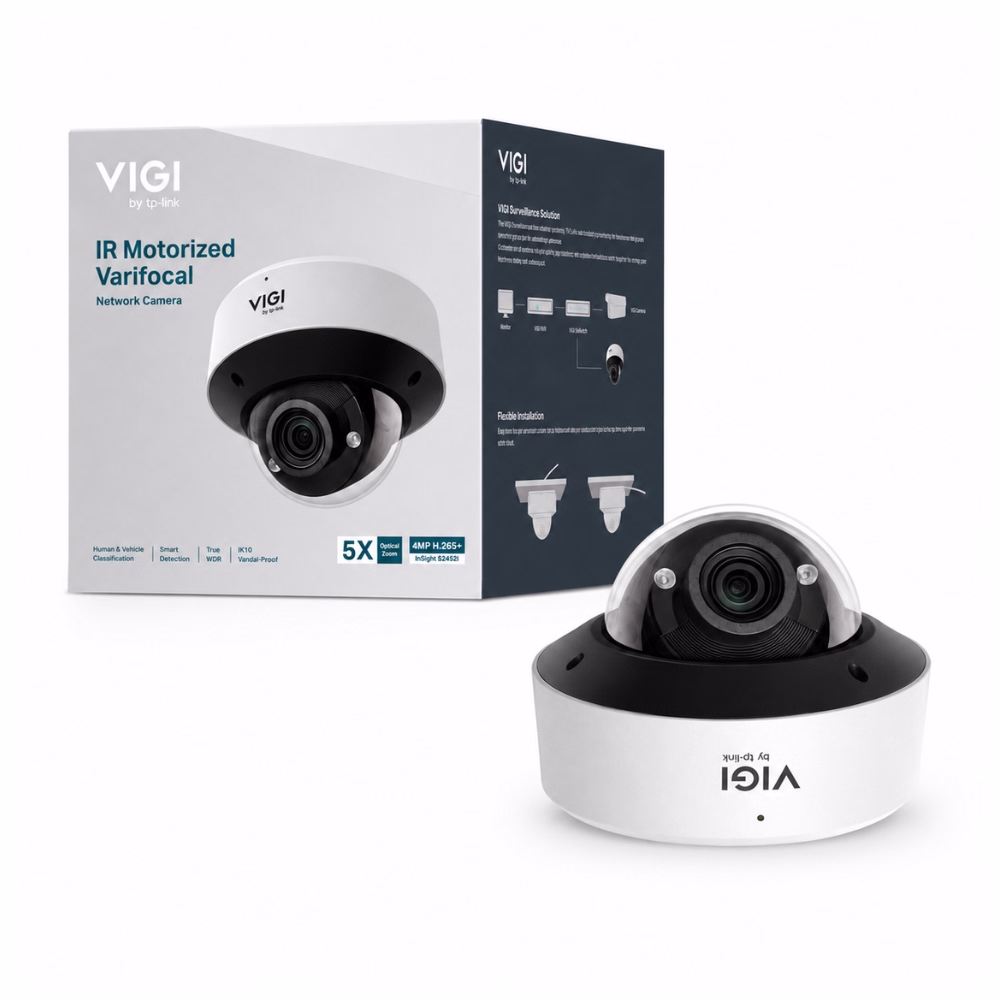 tp-link-vigi-insight-s245zi-4mp-motorized-dome-1 กล้องวงจรปิดโดมไอพี TP-Link VIGI InSight S245ZI 4MP Motorized Lens วางคู่กับกล่องผลิตภัณฑ์