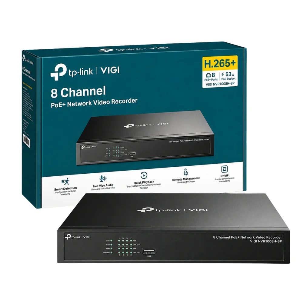 tp-link-vigi-nvr1008h-8p-8-channel-poe-nvr-1 เครื่องบันทึกภาพกล้องวงจรปิด TP-Link VIGI NVR1008H-8P 8-Channel PoE+ วางคู่กับกล่องบรรจุภัณฑ์สีฟ้า
