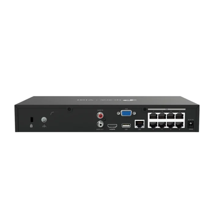 tp-link-vigi-nvr1008h-8p-8-channel-poe-nvr-2 แผงพอร์ตเชื่อมต่อด้านหลังของเครื่องบันทึกภาพ TP-Link VIGI NVR1008H-8P แสดงพอร์ต PoE และช่องต่อสัญญาณภาพ