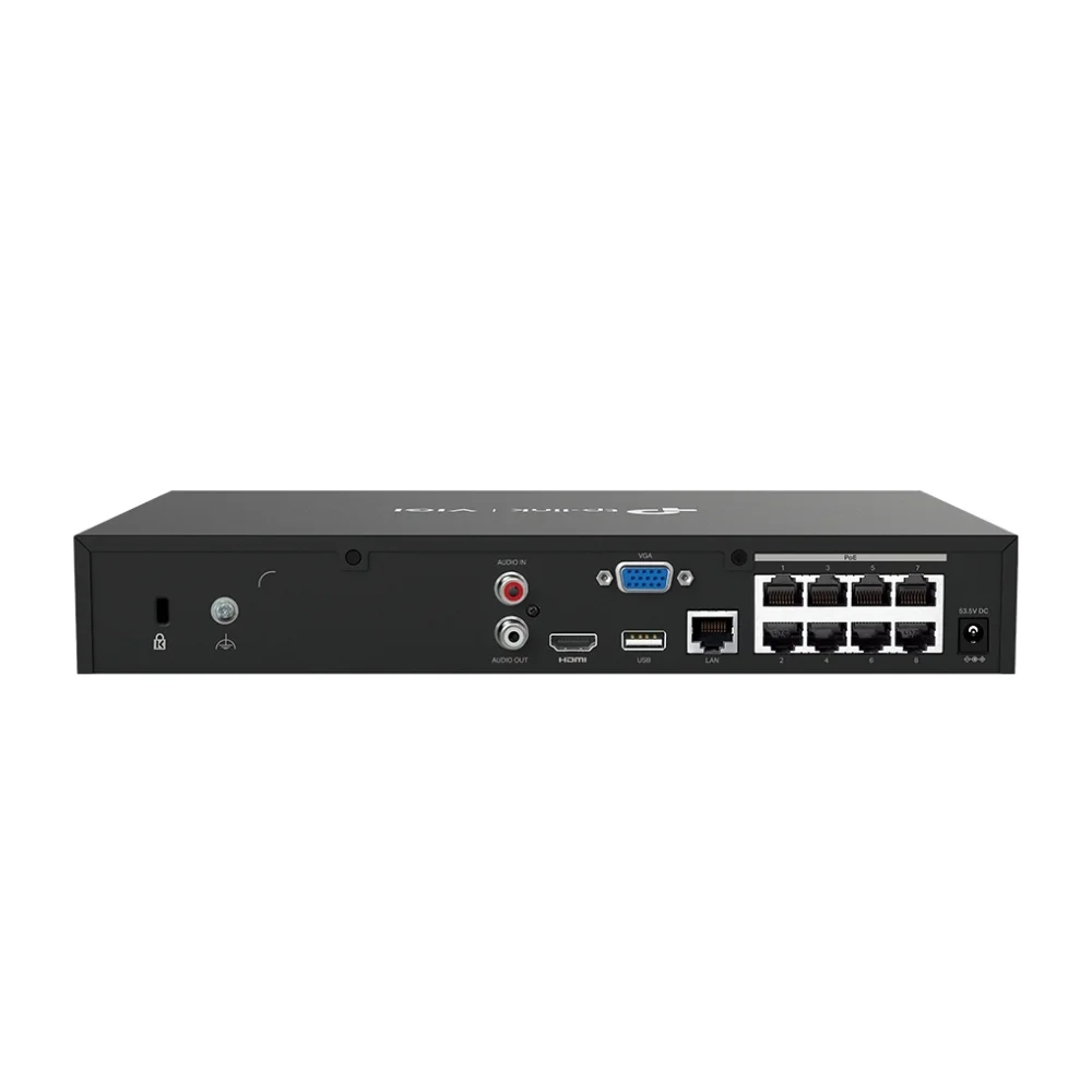แผงพอร์ตเชื่อมต่อด้านหลังของเครื่องบันทึกภาพ TP-Link VIGI NVR1008H-8P แสดงพอร์ต PoE และช่องต่อสัญญาณภาพ