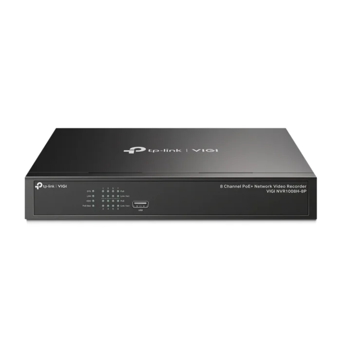 tp-link-vigi-nvr1008h-8p-8-channel-poe-nvr-3 ด้านหน้าเครื่องบันทึกภาพ TP-Link VIGI NVR1008H-8P แสดงไฟสถานะ LED และพอร์ต USB