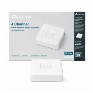 เครื่องบันทึกภาพกล้องวงจรปิด TP-Link VIGI NVR1104H-4P 4-Channel PoE+ สีขาว วางคู่กับกล่องบรรจุภัณฑ์