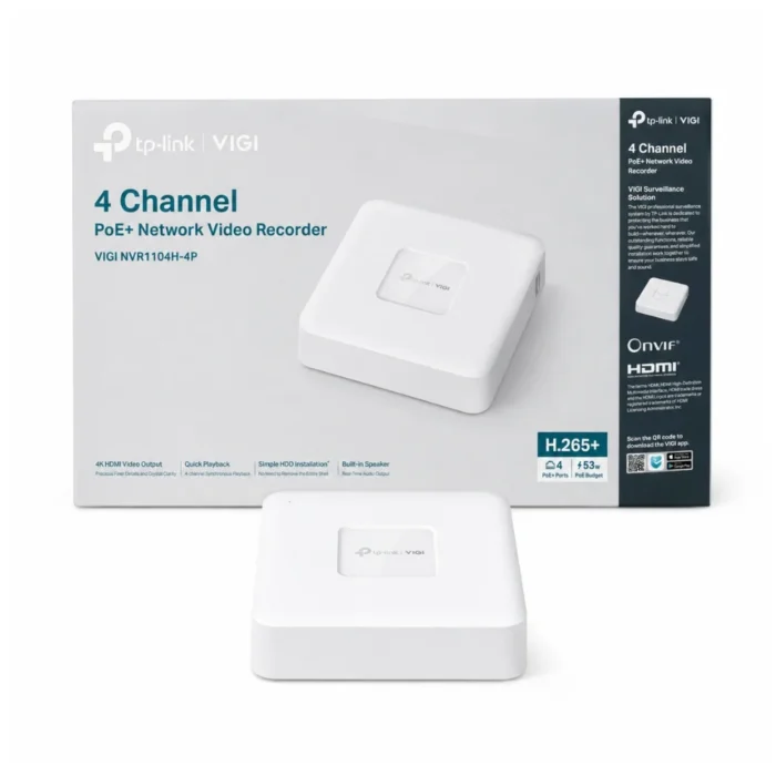tp-link-vigi-nvr1104h-4p-4channel-poe-nvr-1 เครื่องบันทึกภาพกล้องวงจรปิด TP-Link VIGI NVR1104H-4P 4-Channel PoE+ สีขาว วางคู่กับกล่องบรรจุภัณฑ์