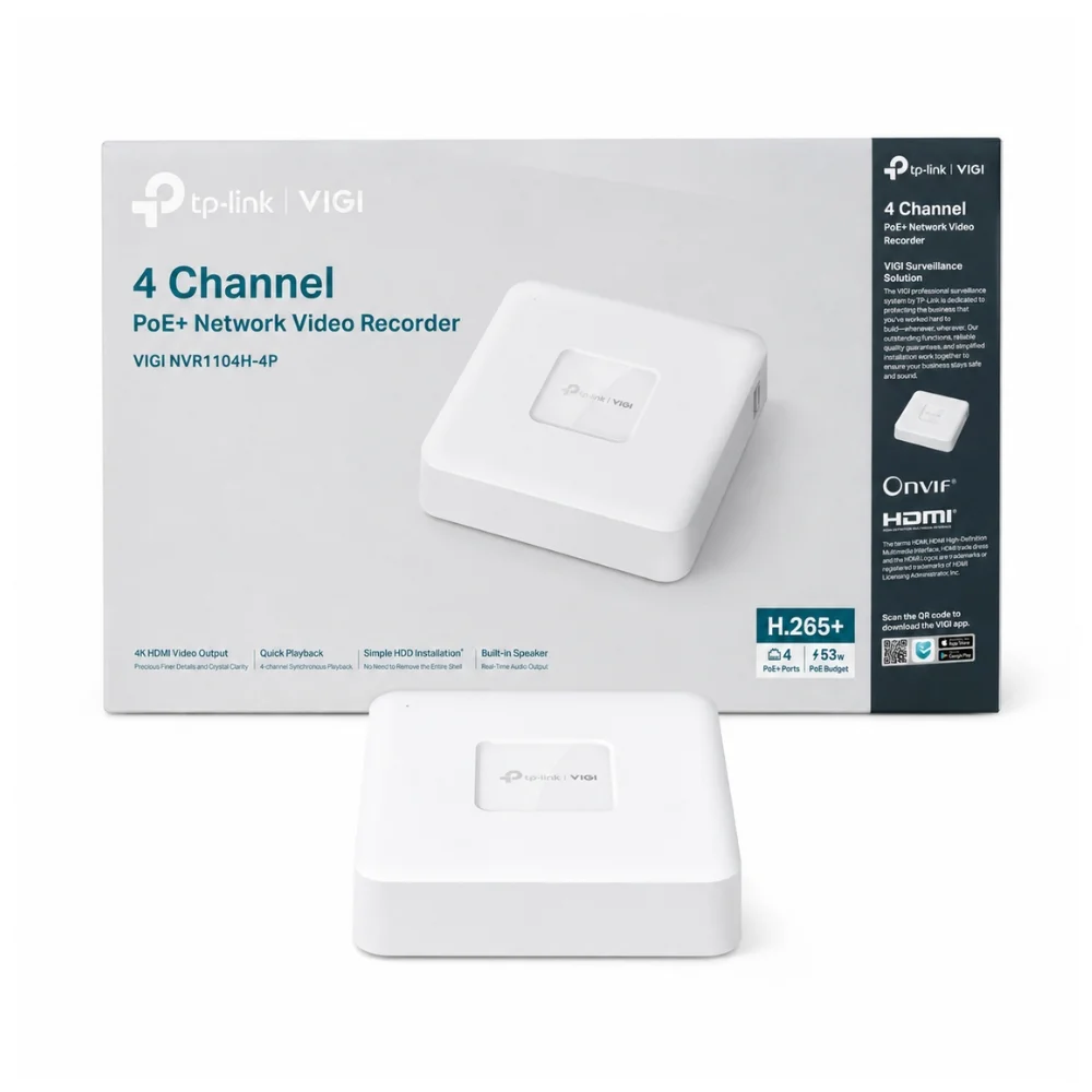 tp-link-vigi-nvr1104h-4p-4channel-poe-nvr-1 เครื่องบันทึกภาพกล้องวงจรปิด TP-Link VIGI NVR1104H-4P 4-Channel PoE+ สีขาว วางคู่กับกล่องบรรจุภัณฑ์