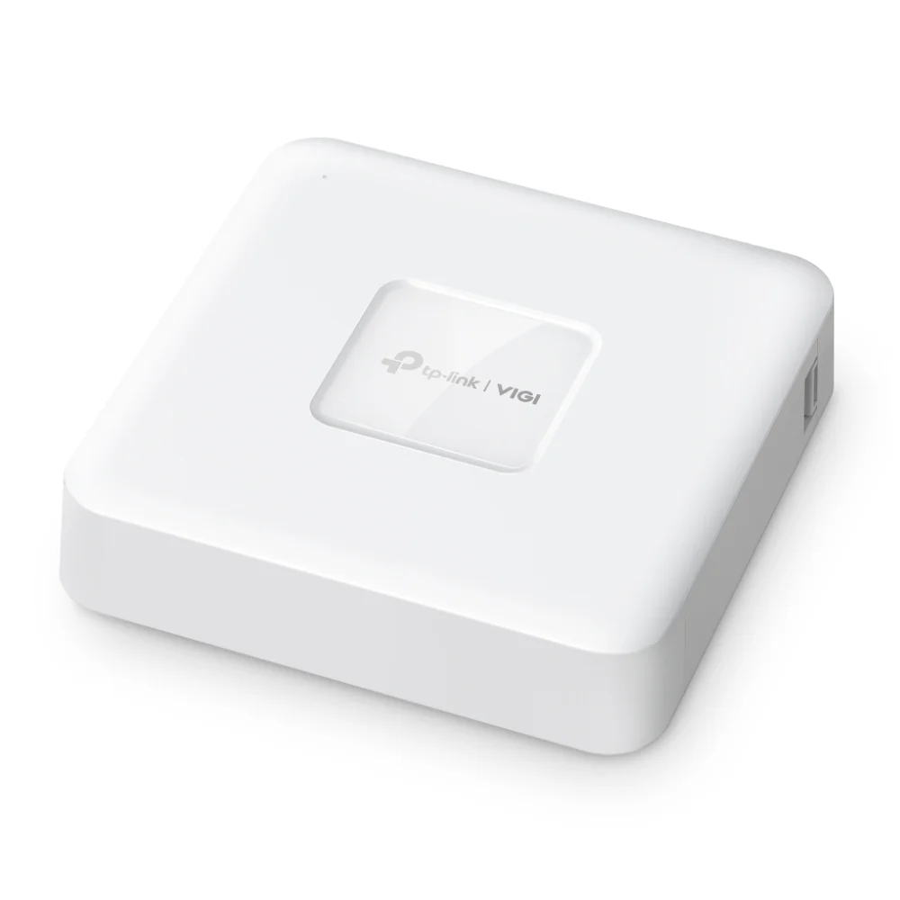 เครื่องบันทึกภาพ TP-Link VIGI NVR1104H-4P สีขาว ทรงสี่เหลี่ยมโค้งมน แสดงโลโก้ตรงกลาง