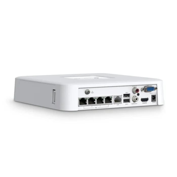 tp-link-vigi-nvr1104h-4p-4channel-poe-nvr-3 แผงพอร์ตด้านหลังเครื่องบันทึกภาพ TP-Link VIGI NVR1104H-4P แสดงพอร์ต PoE, LAN, USB และช่องต่อจอภาพ