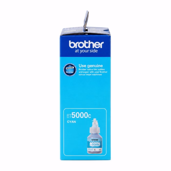 กล่องบรรจุภัณฑ์น้ำหมึก Brother BT-5000C มุมมองด้านข้าง แสดงสัญลักษณ์ Use Genuine Brother และคำแนะนำการใช้งาน