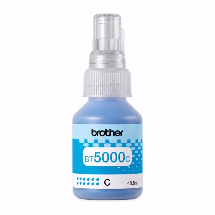 ขวดน้ำหมึกเติมสีฟ้า Brother BT-5000C ขนาด 48.8 ml ฝาขวดใสป้องกันการหกและป้ายฉลากระบุรุ่น BT5000C สี Cyan
