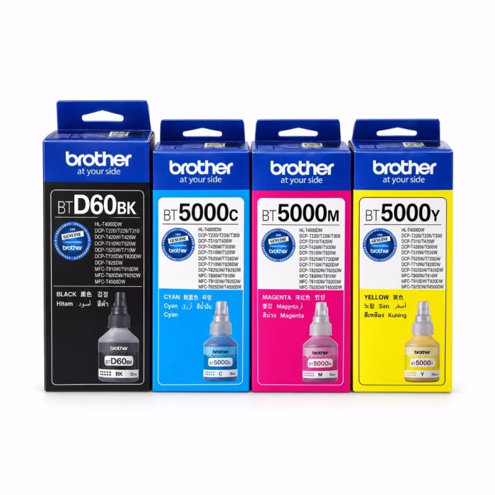 ชุดกล่องน้ำหมึกเติมแท้ Brother ครบทั้ง 4 สี ดำ BTD60BK ฟ้า BT5000C ชมพูแดง BT5000M และเหลือง BT5000Y