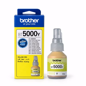 น้ำหมึกเติมแท้สีเหลือง Brother BT-5000Y ขนาด 48.8 ml วางคู่กับกล่องบรรจุภัณฑ์ สำหรับเครื่องพิมพ์ Brother Ink Tank