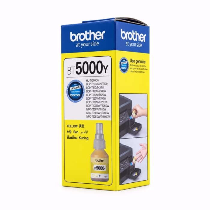 กล่องบรรจุภัณฑ์น้ำหมึก Brother BT-5000Y มุมมองสามมิติ แสดงวิธีเติมหมึกลงแท็งก์ และรายชื่อเครื่องพิมพ์ที่รองรับ
