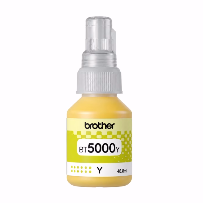 ขวดน้ำหมึกเติมสีเหลือง Brother BT-5000Y ขนาด 48.8 ml ฝาขวดใสป้องกันการหกและป้ายฉลากระบุรุ่น BT5000Y สี Yellow