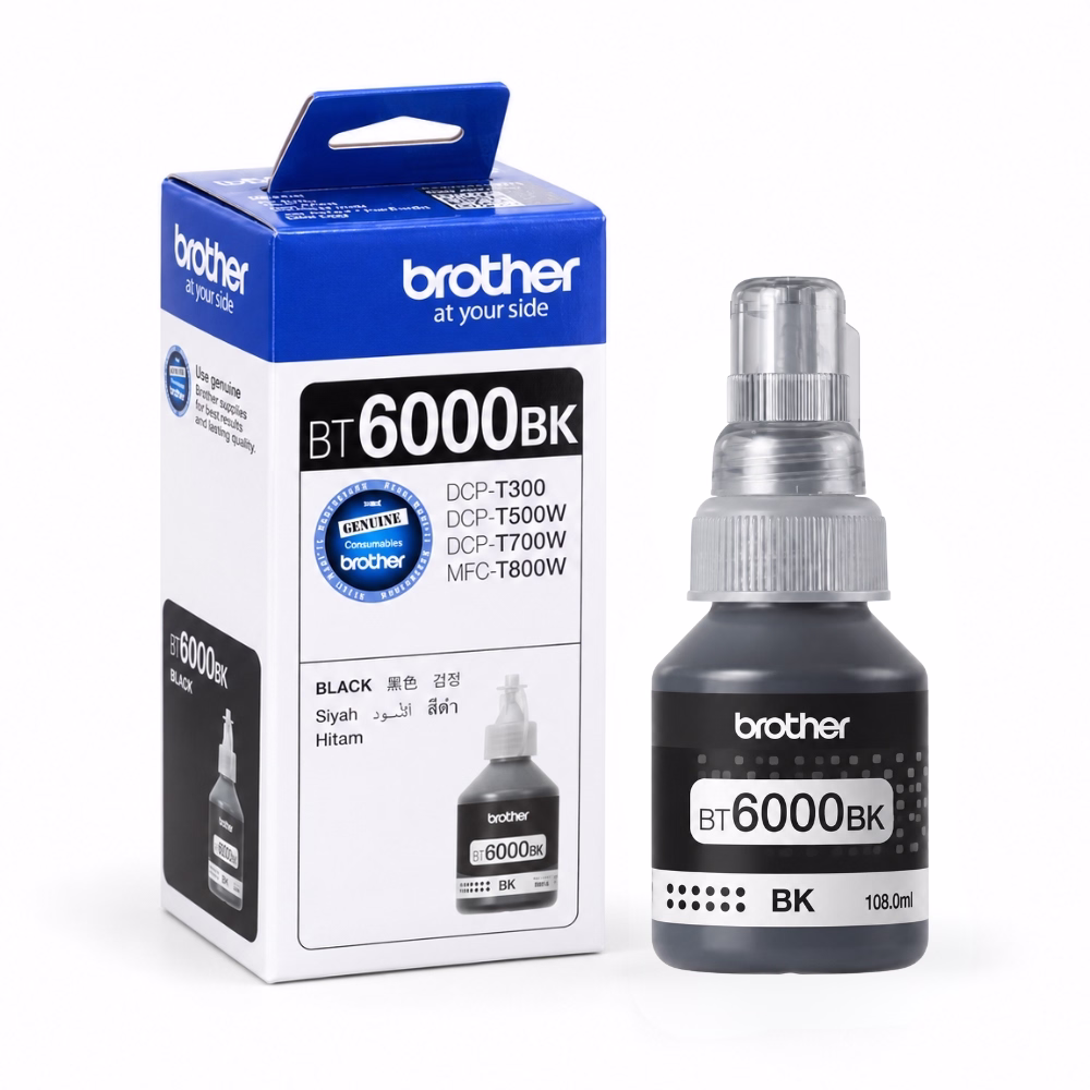 น้ำหมึกเติมแท้สีดำ Brother BT-6000BK ขนาด 108 ml วางคู่กับกล่องบรรจุภัณฑ์ สำหรับเครื่องพิมพ์ Brother Ink Tank DCP-T300 DCP-T500W DCP-T700W MFC-T800W