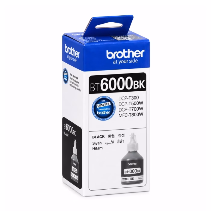 กล่องบรรจุภัณฑ์น้ำหมึก Brother BT-6000BK สีดำ มุมมองสามมิติ แสดงตราสัญลักษณ์ Genuine Brother และข้อแนะนำการใช้งานหมึกแท้