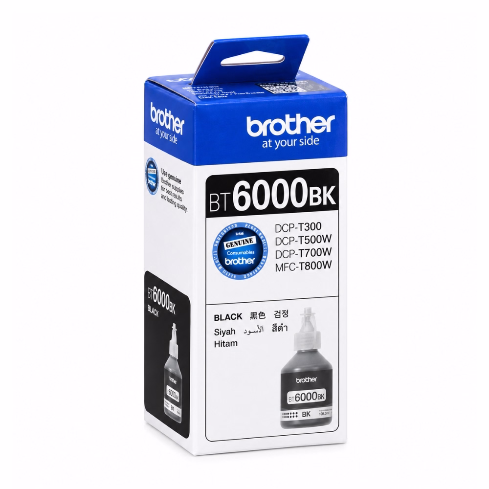 กล่องบรรจุภัณฑ์น้ำหมึก Brother BT-6000BK สีดำ มุมมองสามมิติ แสดงตราสัญลักษณ์ Genuine Brother และข้อแนะนำการใช้งานหมึกแท้