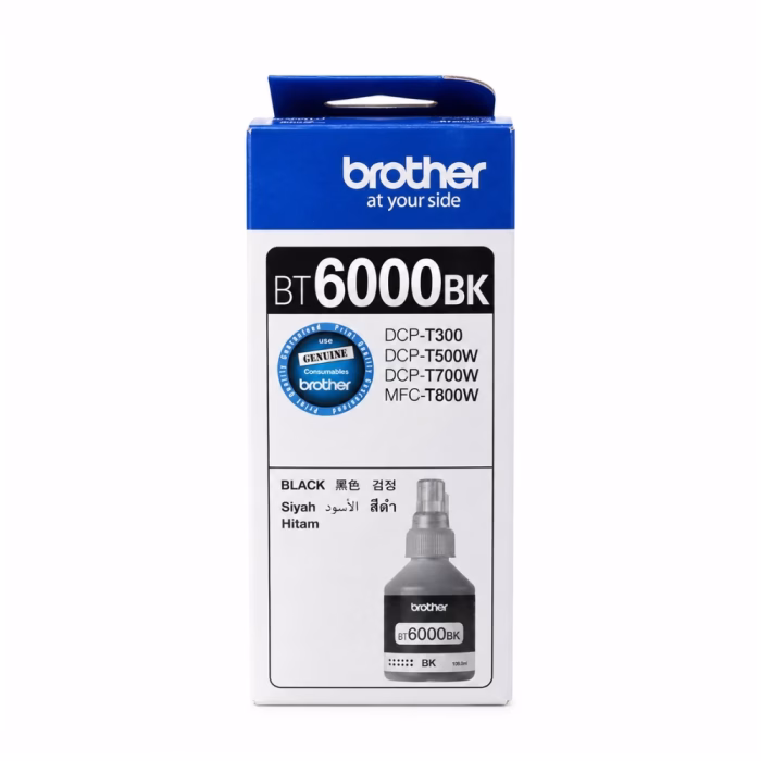 กล่องบรรจุภัณฑ์น้ำหมึกสีดำ Brother BT-6000BK ด้านหน้าตรง ระบุรุ่นเครื่องพิมพ์ที่รองรับ DCP-T300 DCP-T500W DCP-T700W MFC-T800W