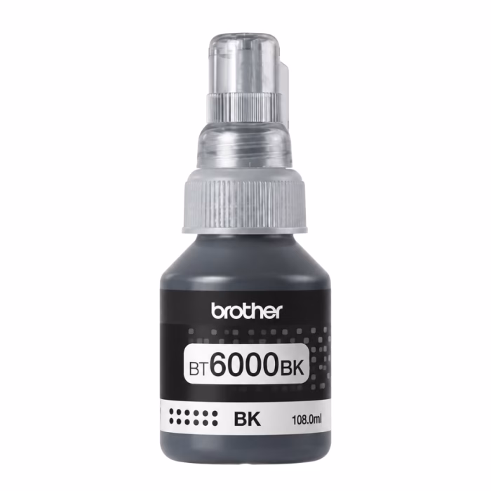ขวดน้ำหมึกเติมสีดำ Brother BT-6000BK ขนาด 108 ml ฝาขวดใสป้องกันการหกและป้ายฉลากระบุรุ่น BT6000BK สีดำ BK