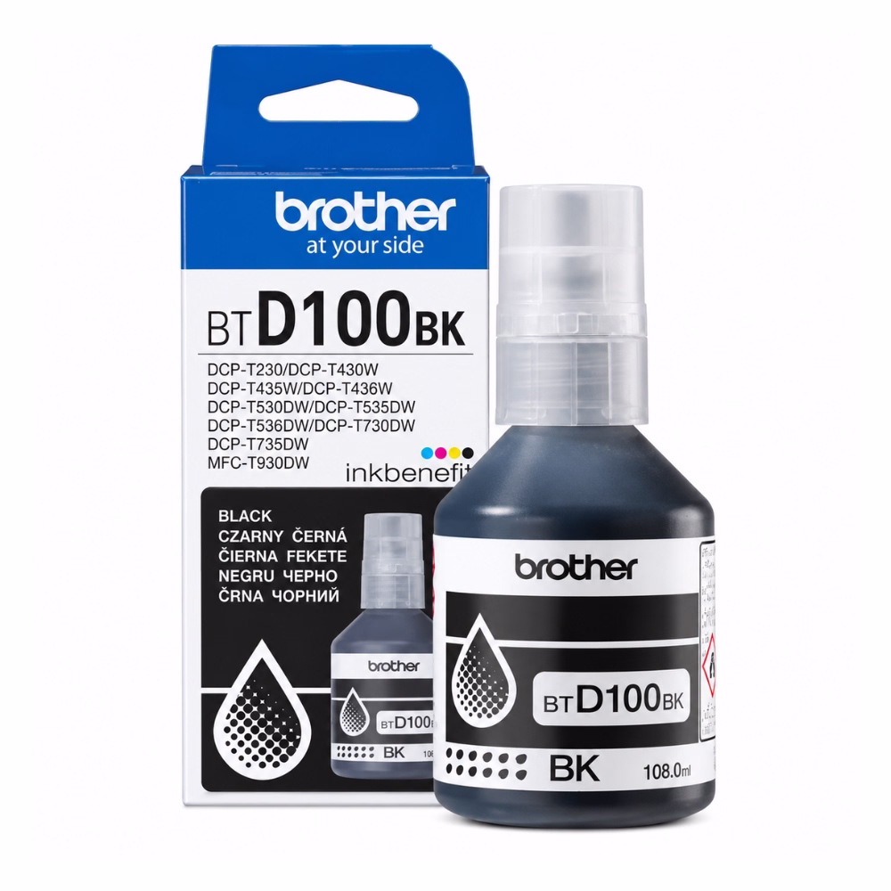 น้ำหมึกเติมแท้สีดำ Brother BT-D100BK ขนาด 108 ml วางคู่กับกล่องบรรจุภัณฑ์ inkbenefit สำหรับเครื่องพิมพ์ Ink Tank